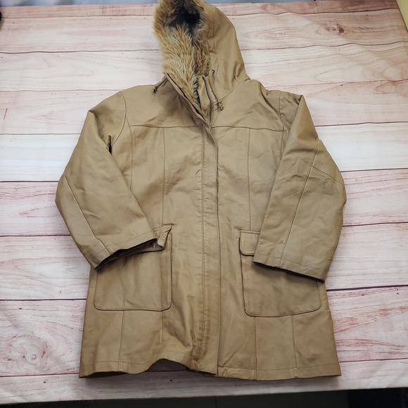 VINTAGE Fitzwright Jacket Womens Large Tan Leather Hooded Faux Fur Parka Coat - Picture 11 of 14